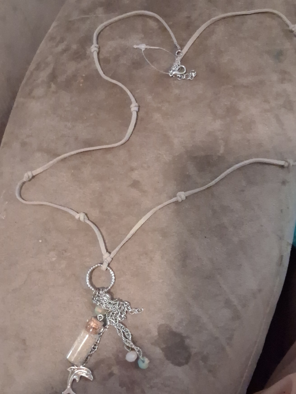 Boho Suede Necklace with Silver Charm Pendant - Beige